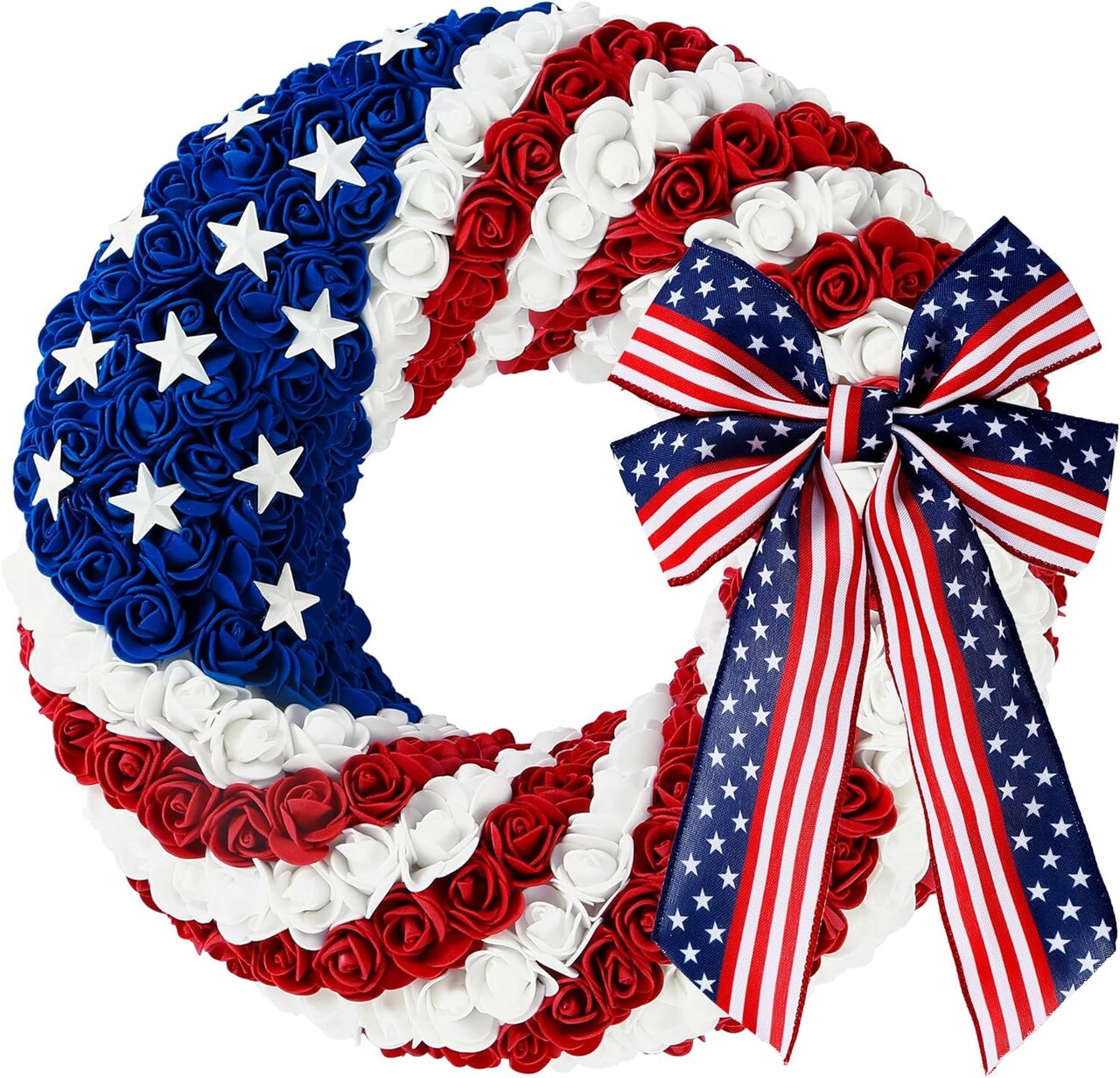 14Inch 4th of July Patriotic Day Wreath Artificial Roses Wreath for Front Door